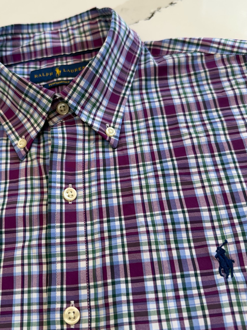 Ralph Lauren Performance Plaid Button Shirt Purple Blue Stretch Mens L Classic